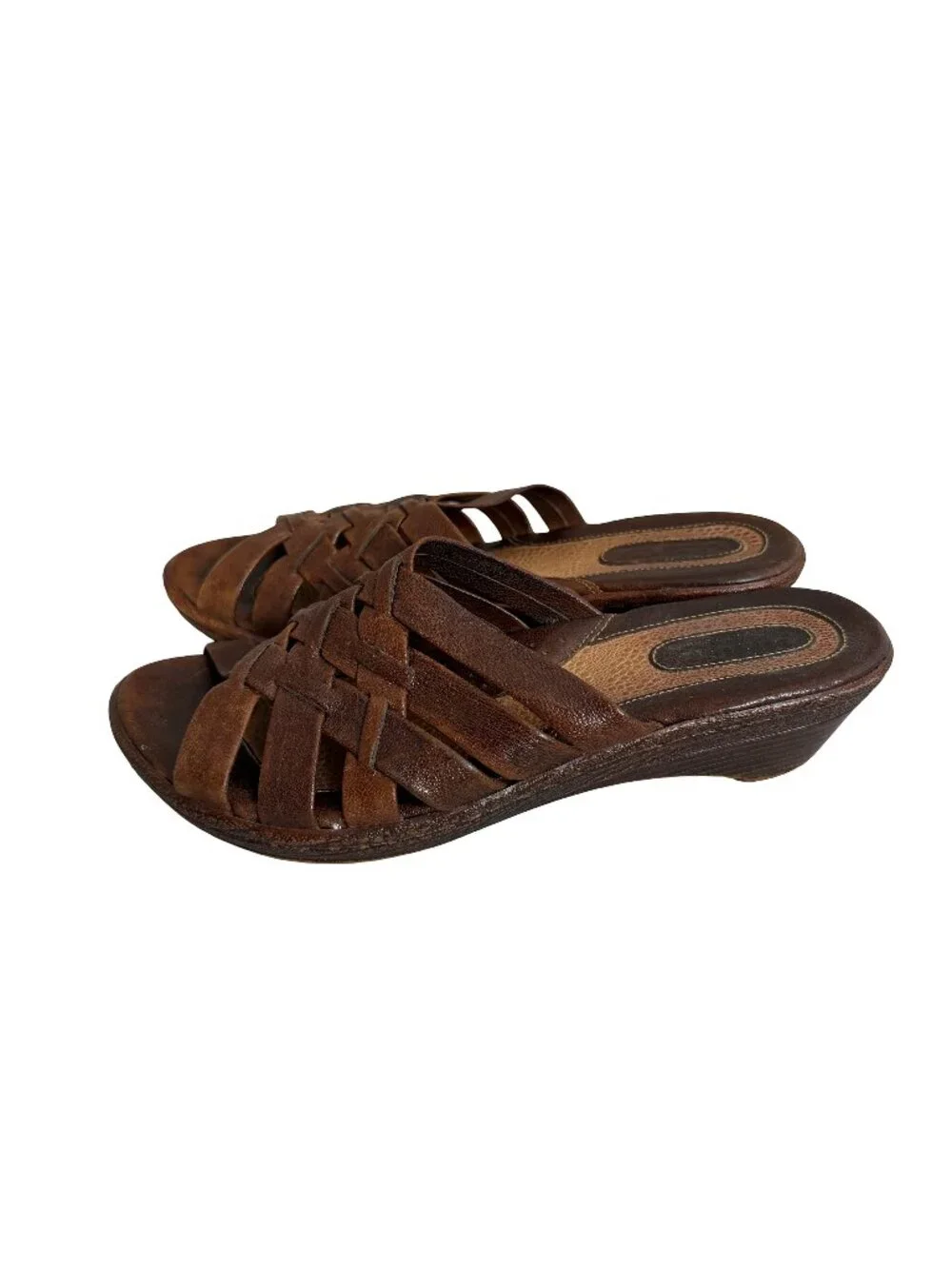 Born Brown Woven Leather Wedge Slide Sandals Open Toe Basketweave Size 7 Women's